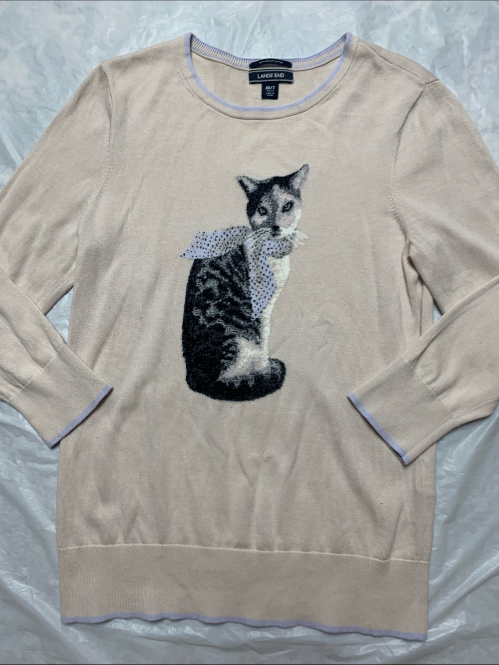 Lands End 100% Supima Cotton Kitty Cat Wearing Scarf Print Crewneck Sweater MT